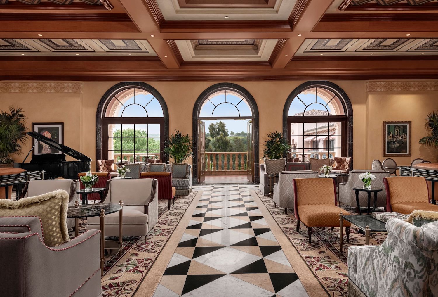 Interior of San Diego luxury hotel lobby at Fairmont Grand Del Mar in North County