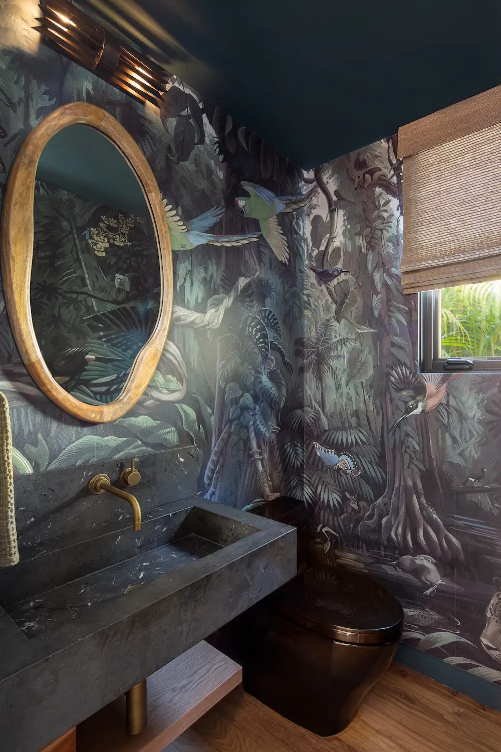 Interior of Coola Founder's Solana Beach San Diego home featuring a jungle-inspired bathroom