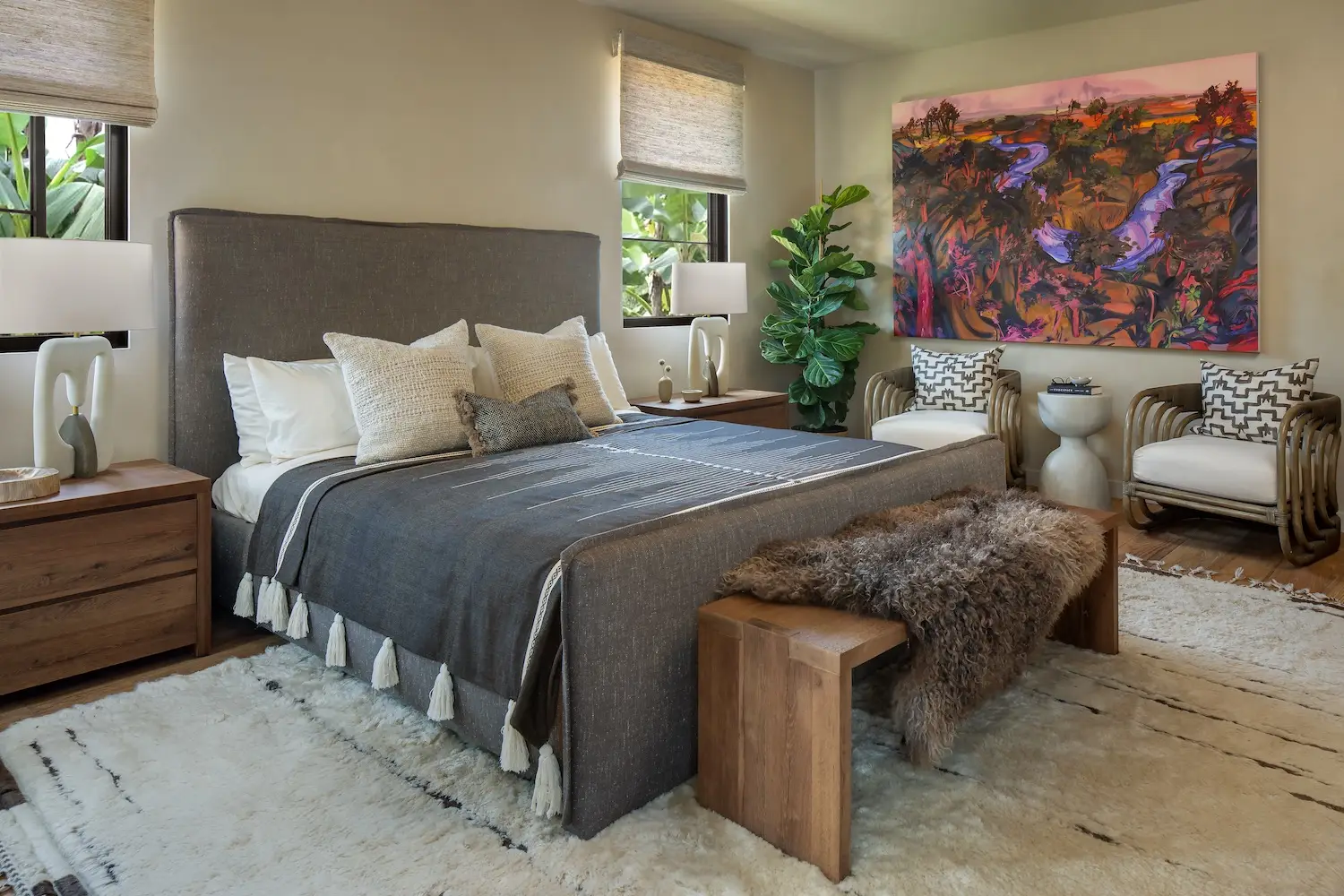 Interior of Coola Founder's Solana Beach San Diego home featuring a primary bedroom and modern art