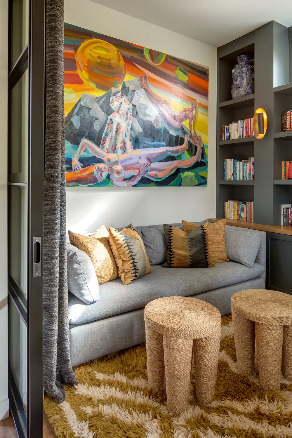 Interior of Coola Founder's Solana Beach San Diego home featuring a reading nook with modern art