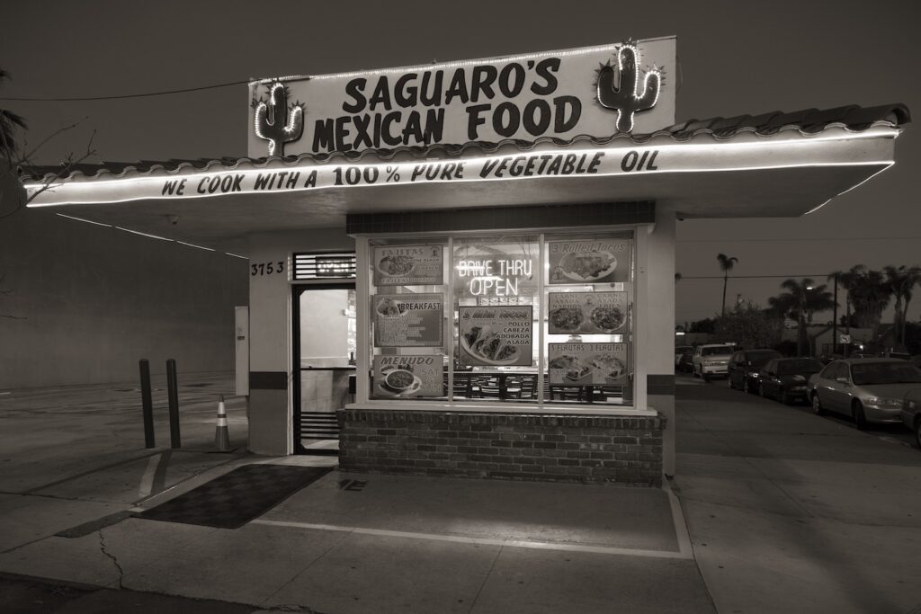 San Diego taco shop, Saguaro’s Mexican Food, as captured by photographer Michael Williams in his exhibit Taco Stand Vernacular 