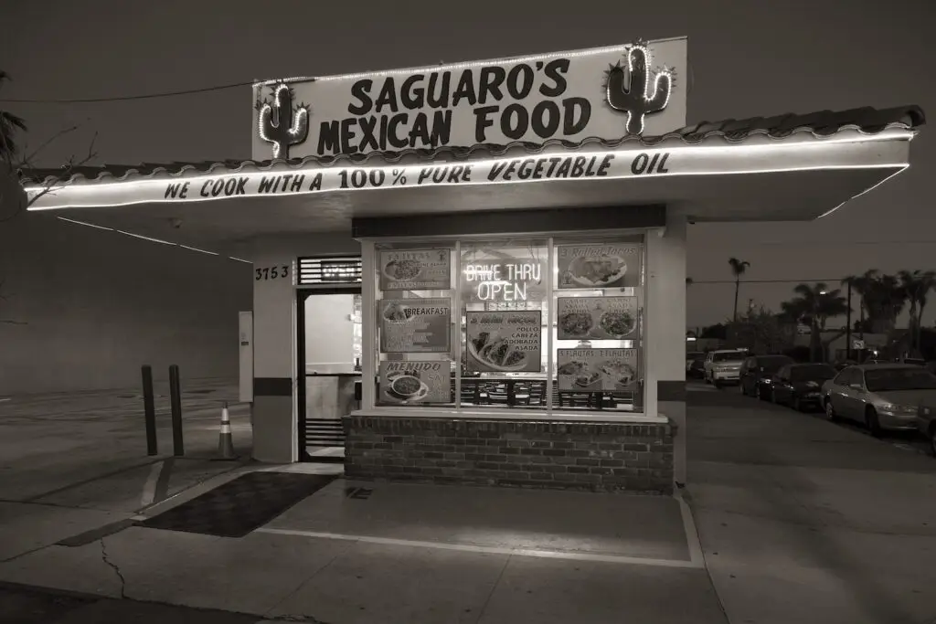San Diego taco shop, Saguaro’s Mexican Food, as captured by photographer Michael Williams in his exhibit Taco Stand Vernacular