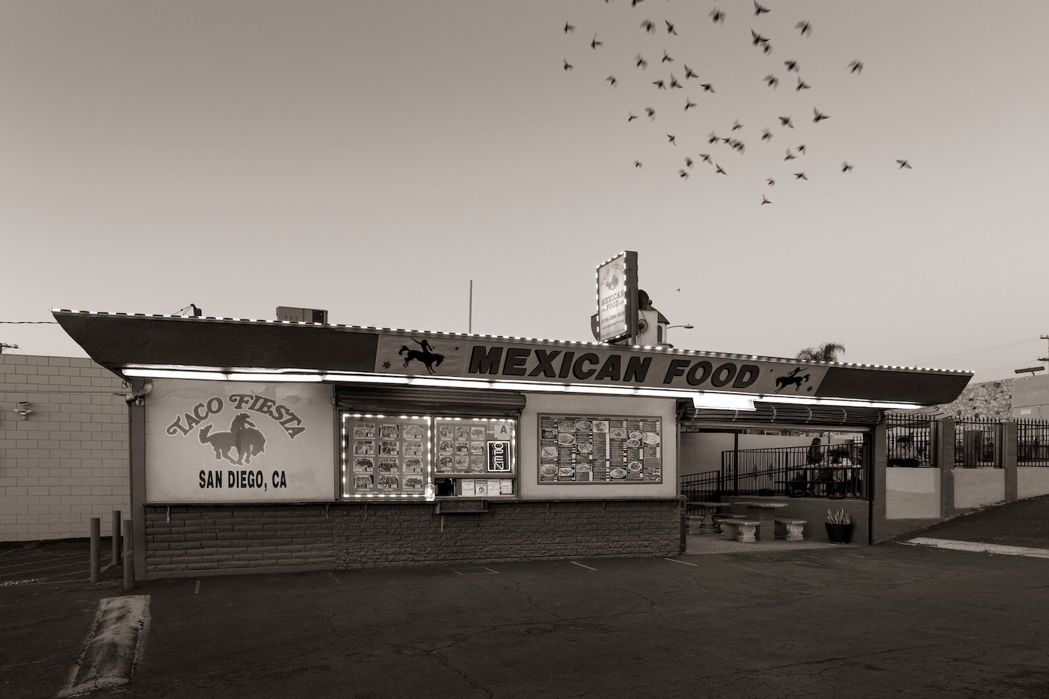San Diego taco shop, Taco Fiesta Mexican Food, as captured by photographer Michael Williams in his exhibit Taco Stand Vernacular 