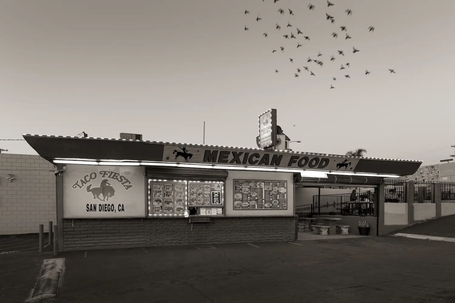 San Diego taco shop, Taco Fiesta Mexican Food, as captured by photographer Michael Williams in his exhibit Taco Stand Vernacular