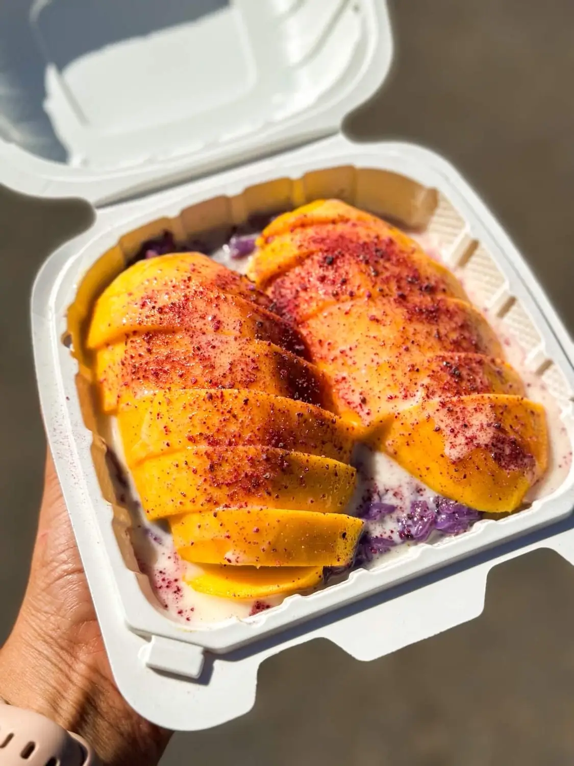 Mango sticky rice from San Diego Cambodian and Filipino pop-up restaurant called Ming Oun’s