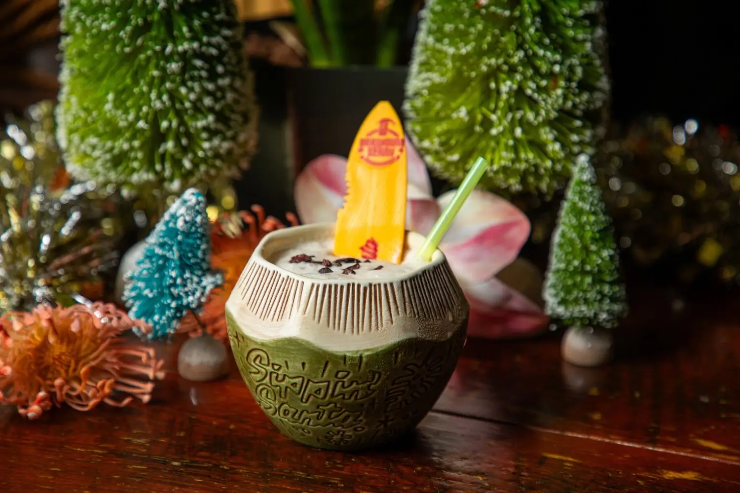 San Diego holiday pop up bar for seasonal cocktails featuring Sippin’ Santa at The Grass Skirt in Pacific Beach