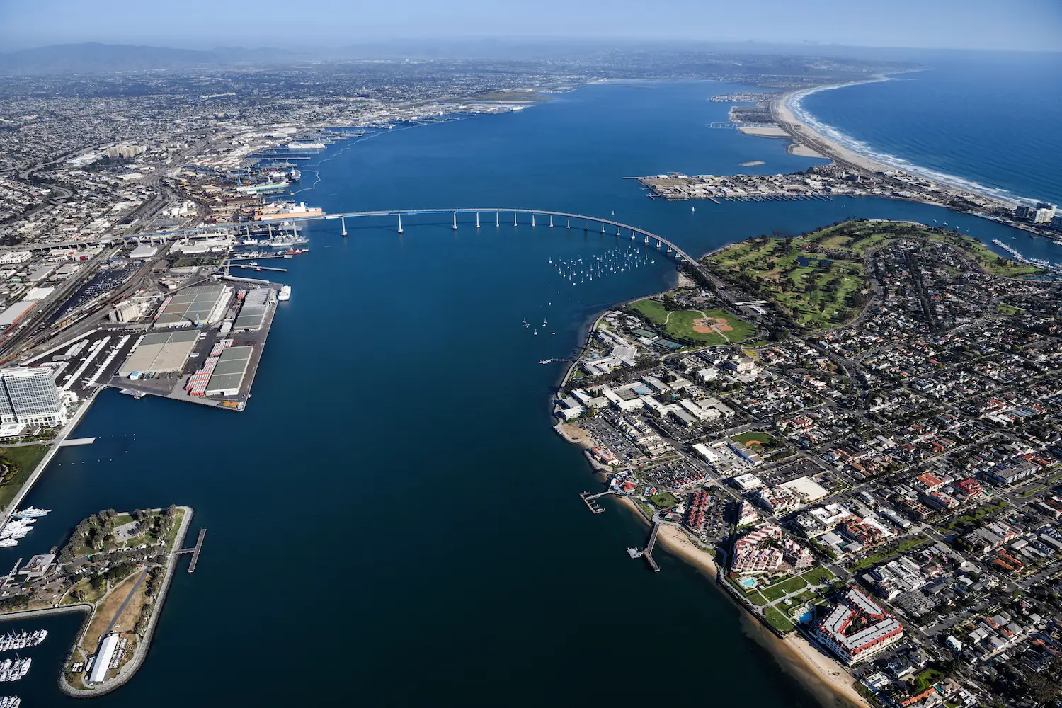 Aerial view of San Diego's Coronado Bridge and bay