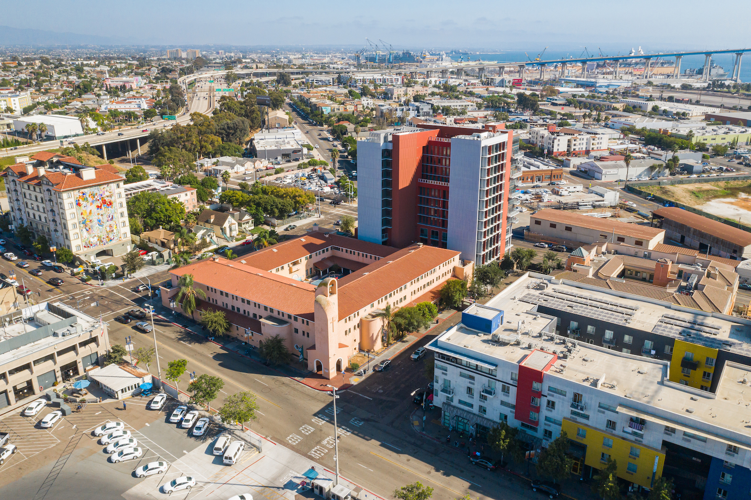 Aerial view of San Diego nonprofit Father Joe's Villages downtown East Village St. Vincent de Paul shelter