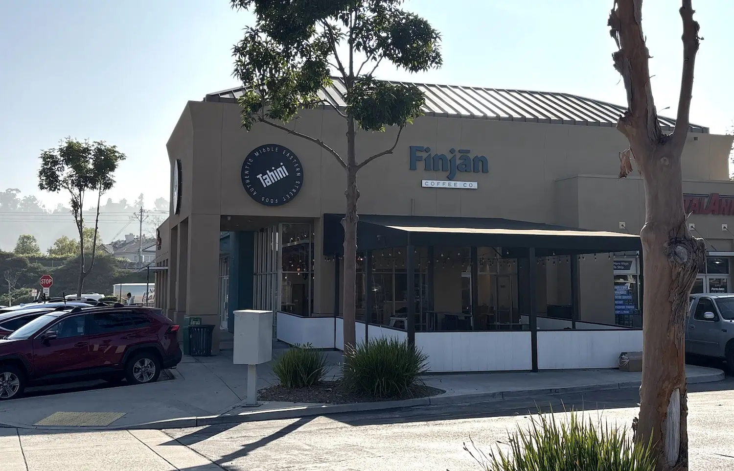 Exterior of Tahini Street Food and Finjan Coffee Co.'s new concept opening in Mission Valley, San Diego