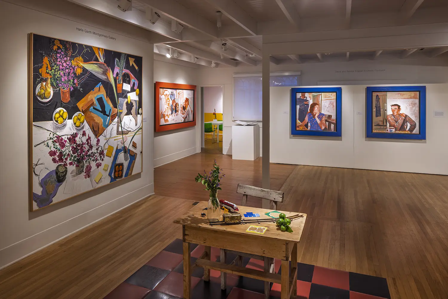 Interior of the La Jolla Historical Society hosting a new art exhibit called Double Bill: The Art of Manny Farber and Patricia Patterson