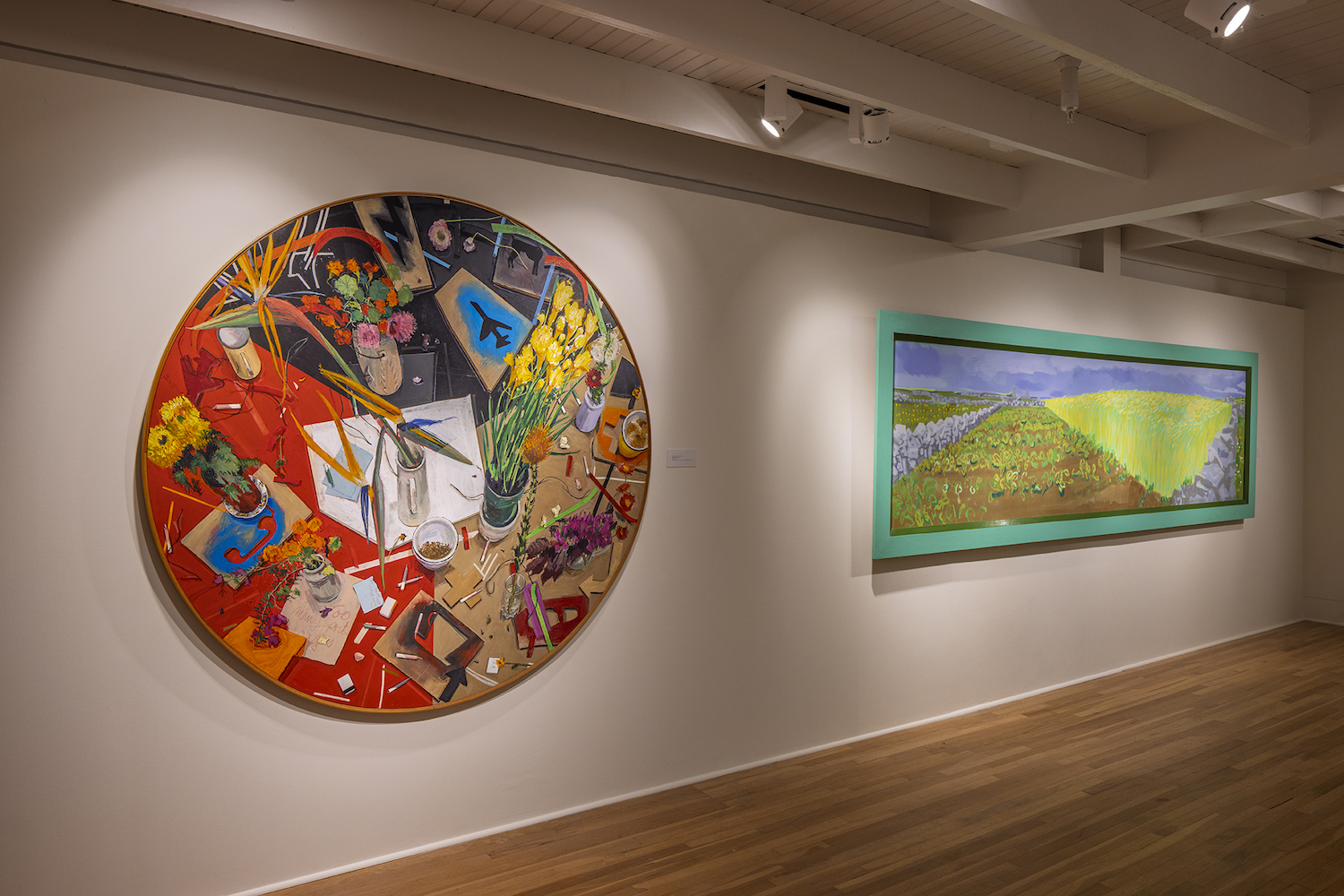 Interior of the La Jolla Historical Society hosting a new art exhibit called Double Bill: The Art of Manny Farber and Patricia Patterson