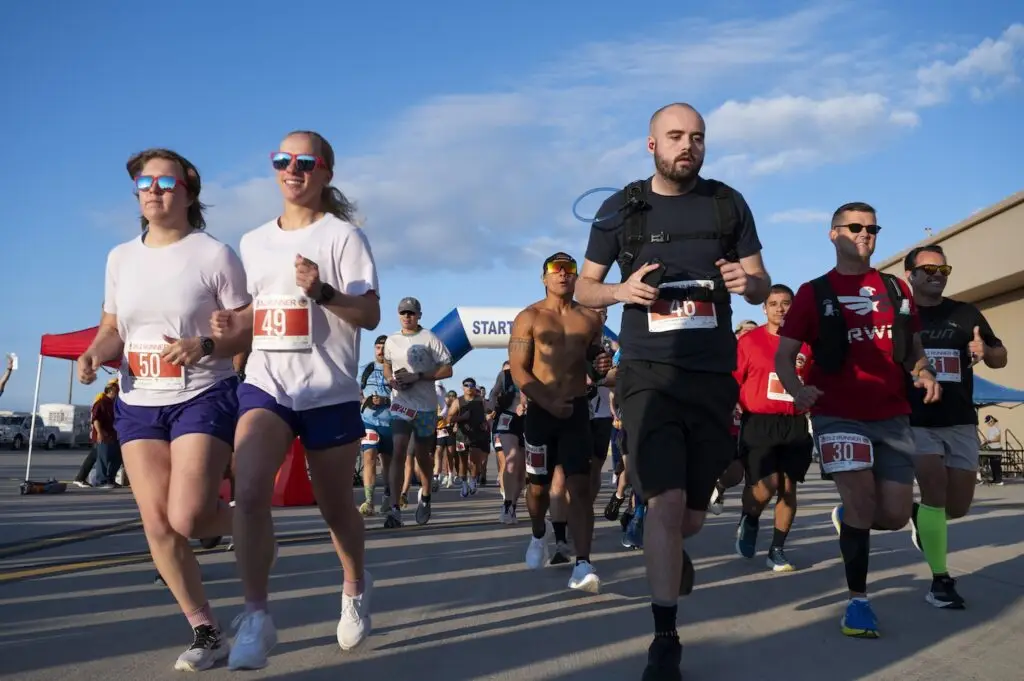Racers take off at the start of the 3rd annual Ace of Race Marathon at Holloman Air Force Base, New Mexico, Sept. 6, 2025.